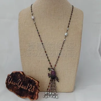 

N011813 28'' Grey Rice Pearl Multi Color Crystal Chain Necklace CZ Pave Pendant