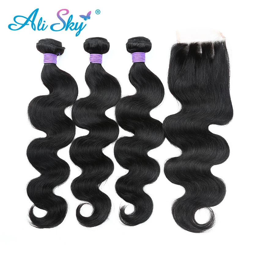 Brazilian Body Wave 3pcs Human hair bundles with 1PCS Lace Closure [Ali Sky]Three Part Non Remy Hair Freeshipping Hair Extension body-wave