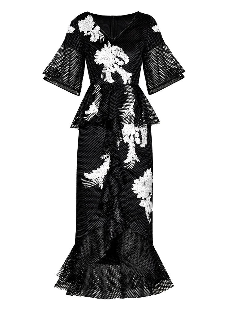 Qian Han Zi новое летнее модное дизайнерское платье для подиума женское платье с v-образным вырезом и Расклешенным рукавом, гофрированное вышитое облегающее платье