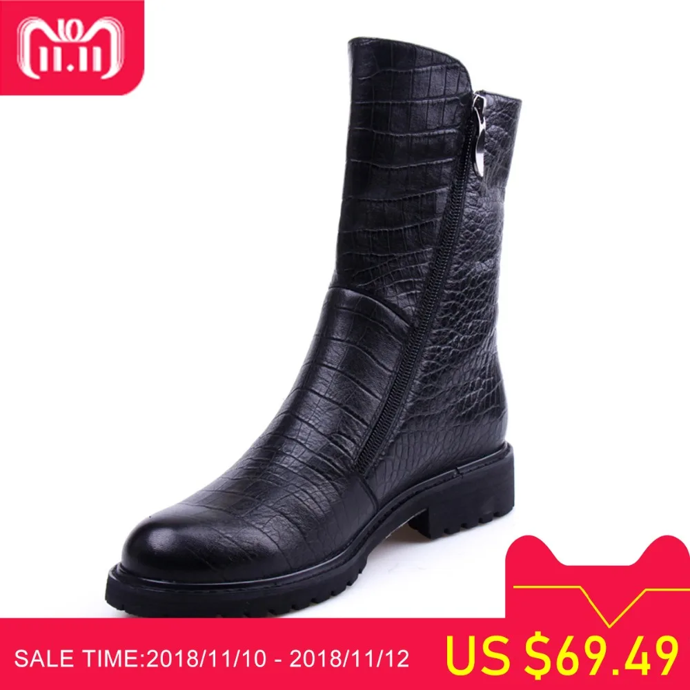 

MARHEE Women's Genuine Leather Shoes Color Black Boots Woman Sheepskin Leather Shoes with Double Side Zipper Footwear