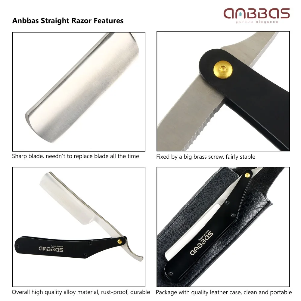 Anbbas Парикмахерская прямая бритва из нержавеющей стали с черной ручкой с качественной искусственной кожаной сумкой для мужчин складной нож для бритья