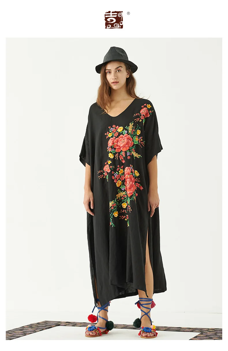 Jiqiuguer женские платья с цветочной вышивкой, винтажные платья размера плюс с v-образным вырезом, Свободные Длинные повседневные летние женские платья G181Y002