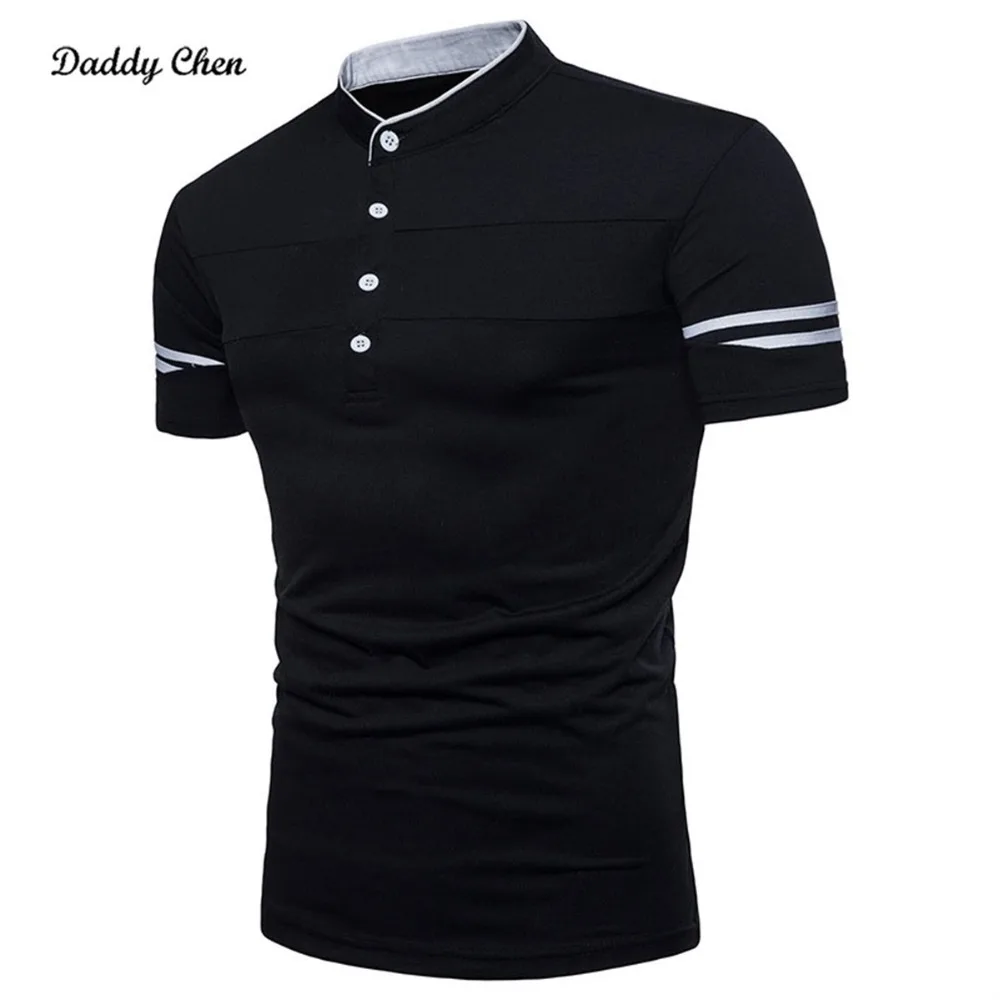 

2018 brand Casual office Stand collar men's poloshirts short sleeve men solid black White Slim fit shirts male fashion