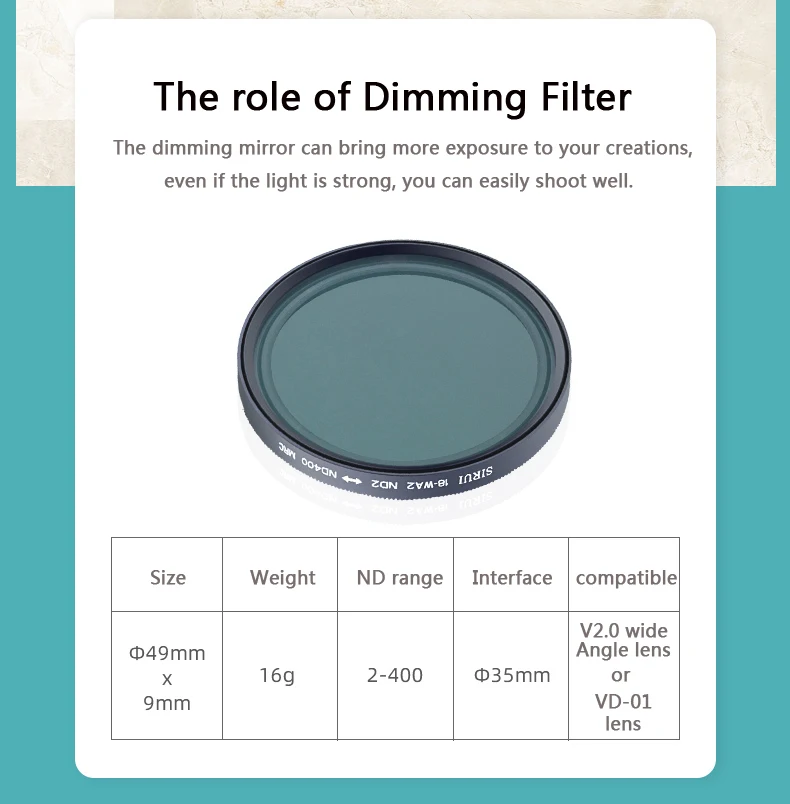 Sirui мобильный телефон Регулируемый ND зеркальный ND2-400 затемняющий фильтр для 18 мм широкоугольный объектив и sirui анаморфный объектив
