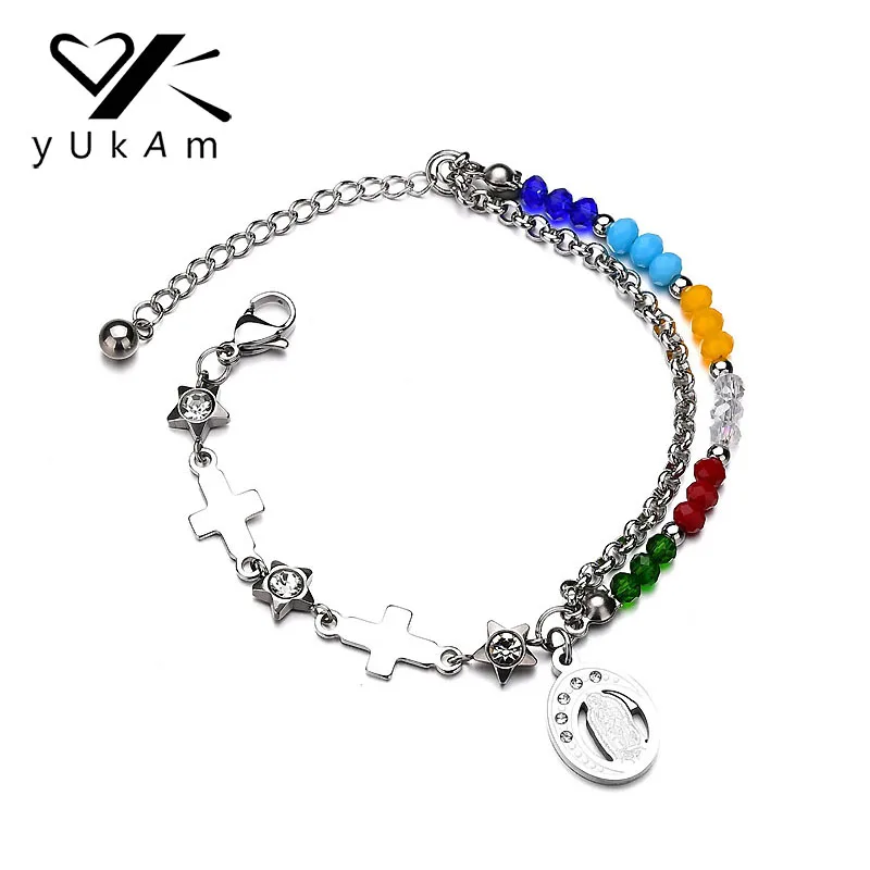 

YUKAM Our Lady Of Guadalupe Colorful Beads Double Layer Cross Female Bracelets Stainless Steel Crystal Star Virgin Mary Bracelet