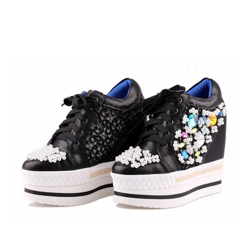 2017 Women Wedge Platform Shoes For Woman Hidden Height increasing High heels Lace up Rhinestone Beads White Casual Ladies Shoes