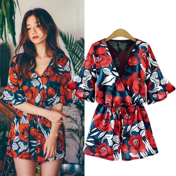 

New deep v-neck brand clothing women's summer jumpsuits chiffon wide leg playsuits fashion streetwear print flowers chiffon