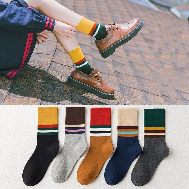 

Jeseca 5 Pairs Women Autumn Winter Cotton Soft Breathable Socks College Style Harajuku Sox Female Stripe VIntage Retro Warm Sock