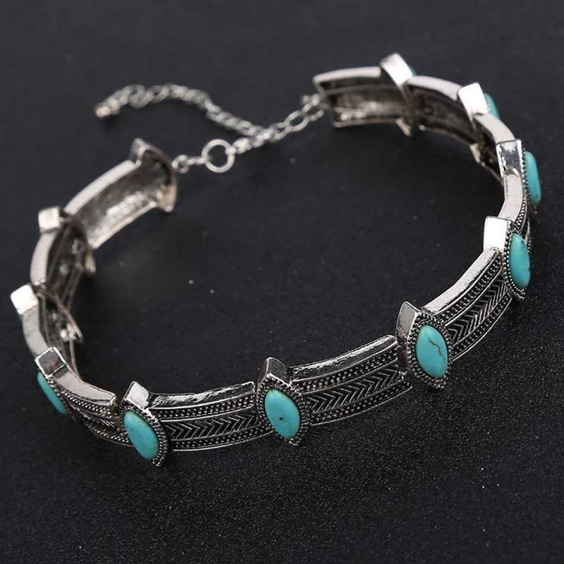 

Retro Bohemian Blue Stone Necklace Ethnic Boho Festival Clavicle Necklace Chain For Women Jewelry Gift