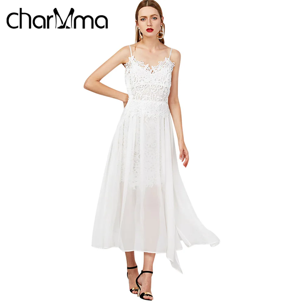 Charmma sexy summer long dress женщин v шеи кружева панели высокой щелевая пляж 2017 белый спинки