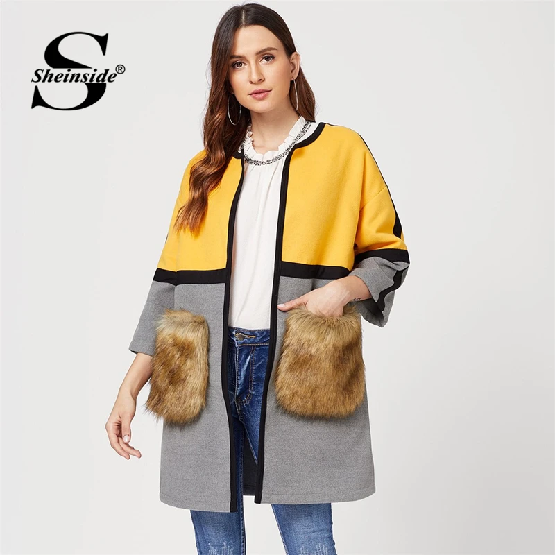Sheinside, пальто с карманами из искусственного меха, с цветными блоками, с открытым передом, для женщин, для выходных, повседневная одежда с длинным рукавом, Осень-зима, разноцветная верхняя одежда