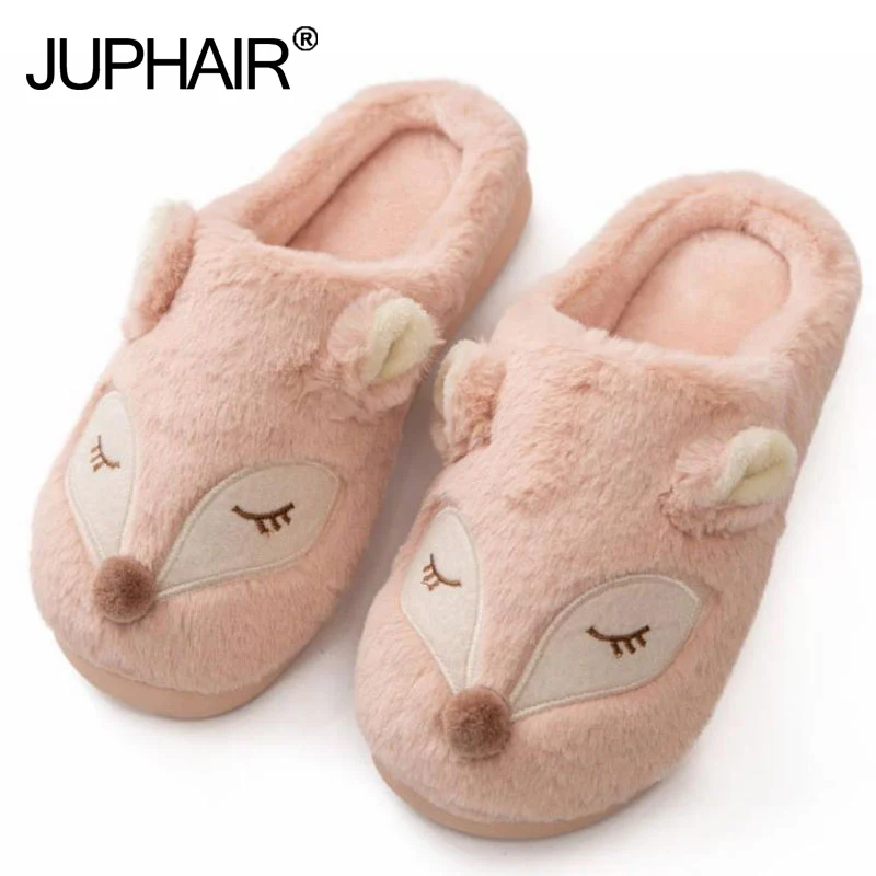

New Pink Cotton Slippers Women's Bedroom Home Thick-soled Warm Non-slip Slippers Cute Cartoon Fox Month Children Plush Slippers