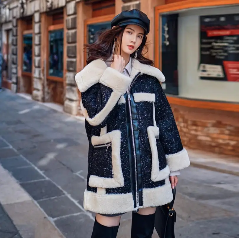 Chaud D'agneau Nouvelle Tops À Manches Gx1562 En De Marque Mode Hiver Vestes Longues Feamle Black Zipper Manteaux Survêtement Laine Patchwork 2018 Poches Grandes X58wff