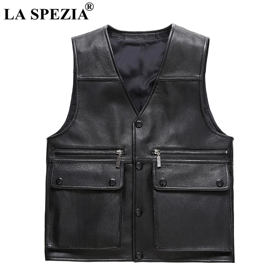 

LA SPEZIA Biker Vest Genuine Leather Men Black Sheepskin Waistcoat Male Warm Motorcycle Punk Plain Plus Size 4xl Autumn Gilet