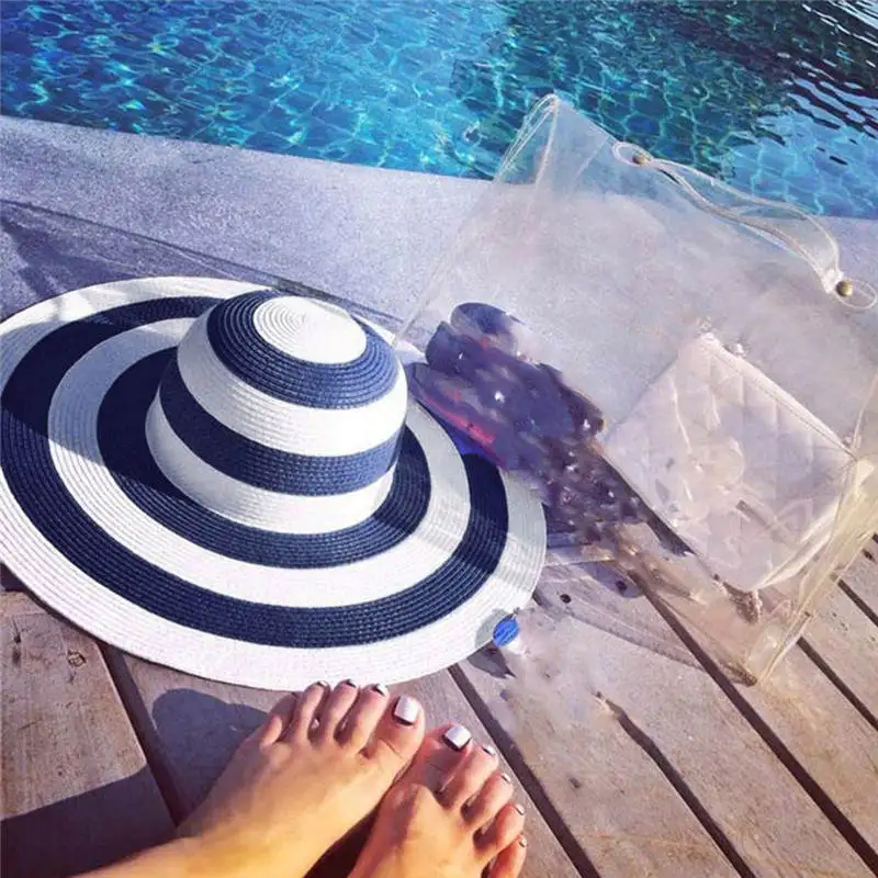 Классическая соломенная шляпа в черно-белую полоску с большими полями, повседневные пляжные кепки для женщин, летние женские шляпы от солнца для женщин# P7 - Цвет: Синий