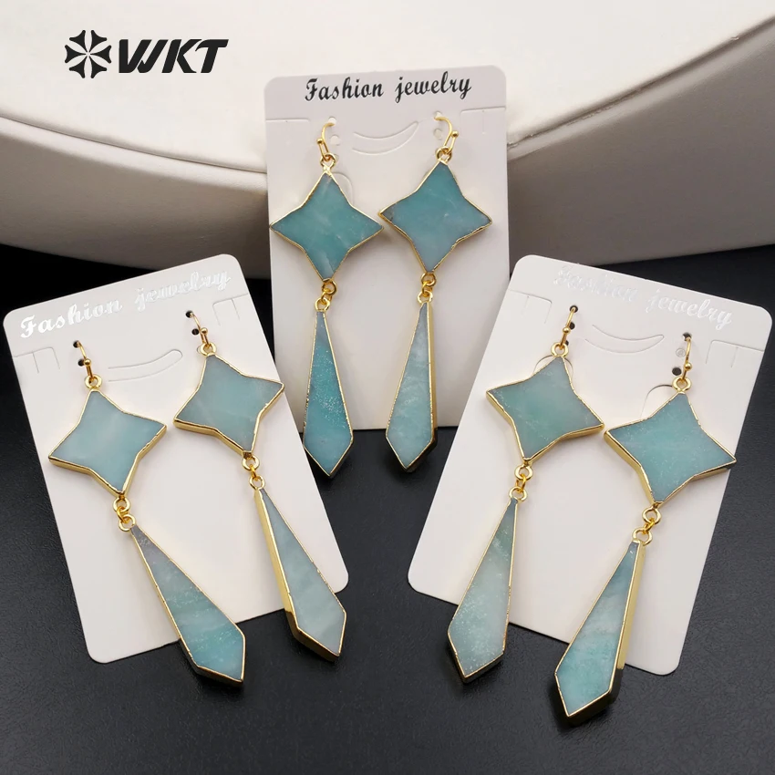 

WT-E386 Popular Amazonite Stone Dangle Earring Geometric Shape Earring With Best Gold Electroplated Earring Women Earring