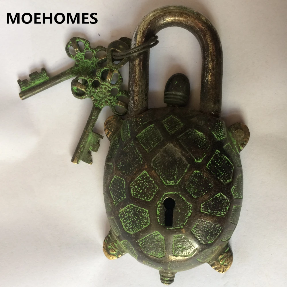 

MOEHOMES Rare Chinese old style big Brass Carved TURTLE lock with 2 keys metal handicraft Home decorations