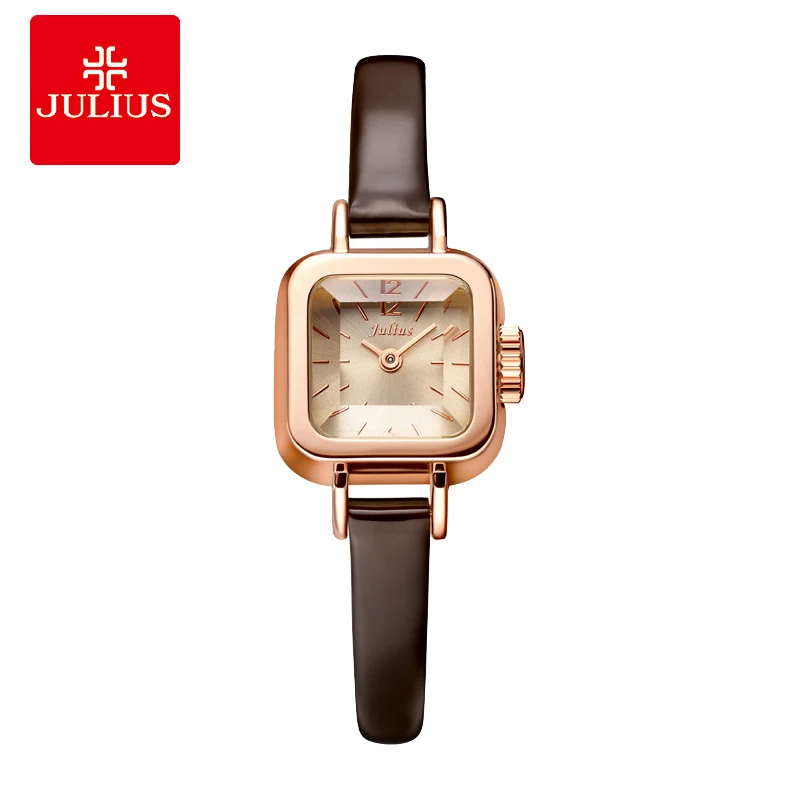 

Julius Women Ladies Watches Lovely Sweet Square Small Dial Fashion Brown Red Sugar Leather Strap Waterproof Clock Genuine Brand