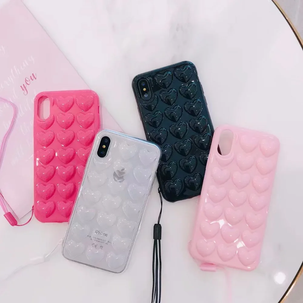 

Cute 3D Korean Peach Heart Pink Lovely Hearts with Lanyard Capa Cases for iPhone XS Max XR XS X 8 7 Plus soft TPU Coque Fundas