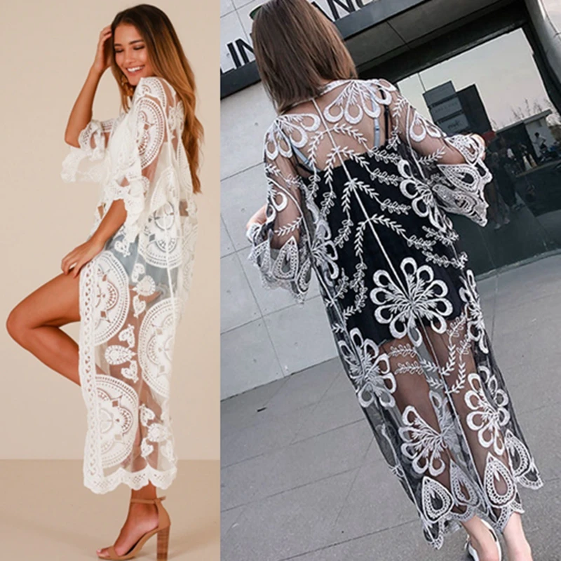 

Summer Sunproof Cardigan Kimono Fashion Women Lace Bikini Cover Up Women Blouse Long Tops Mesh Shawl Outwear Blusas feminina