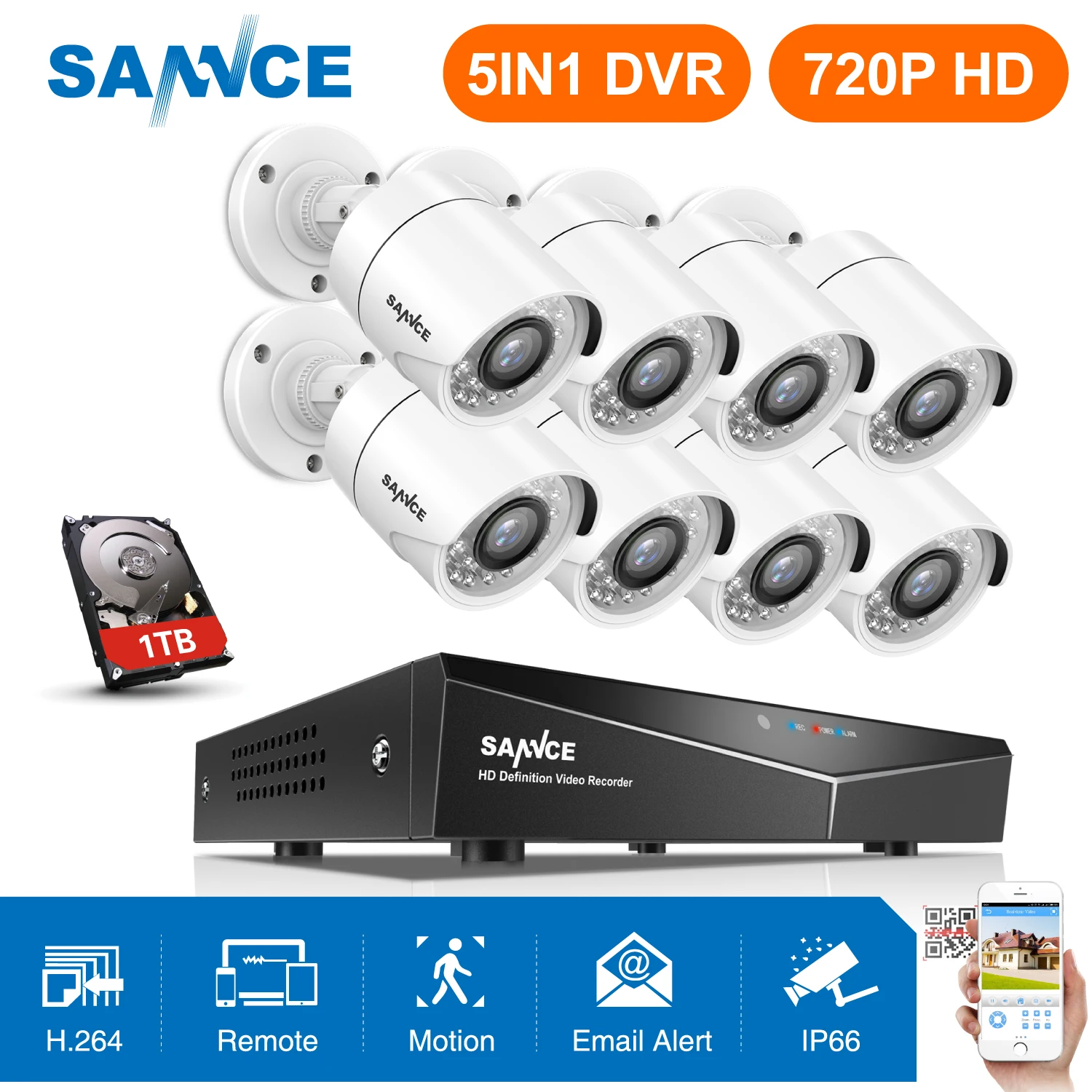 SANNCE 8 каналов CCTV система безопасности 8CH HD 1080N DVR шт. 1280*720P ИК Наружные камеры 1.0MP