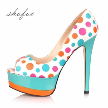 

SHOFOO shoes,Sweet fashion women's shoes, multicolored leather, 14.5 inch high heel shoes, peep toe pumps.SIZE:34-45