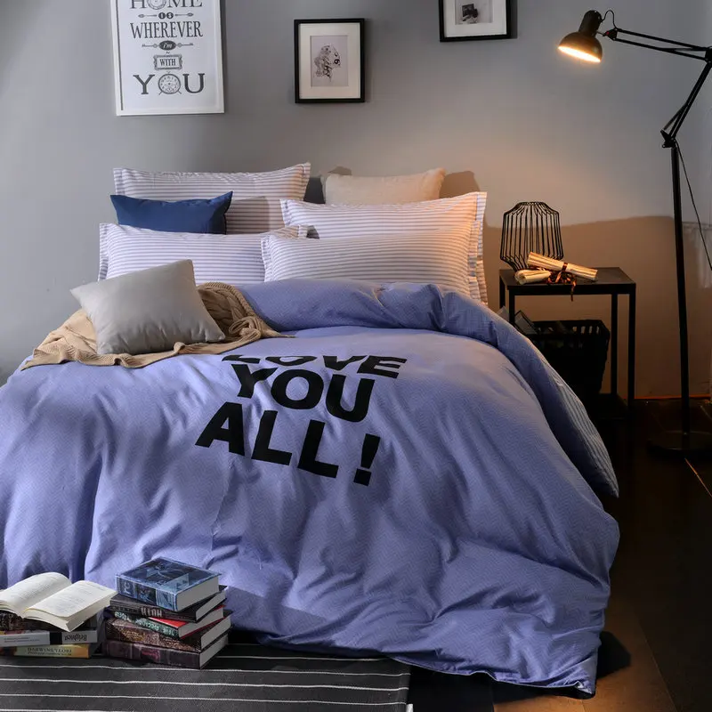

Simple European Purple Solid Color Letter Pattern 4 Pcs Queen Size Bedding Set White Alphabet Pattern Duvet Cover Bed Set Sheets