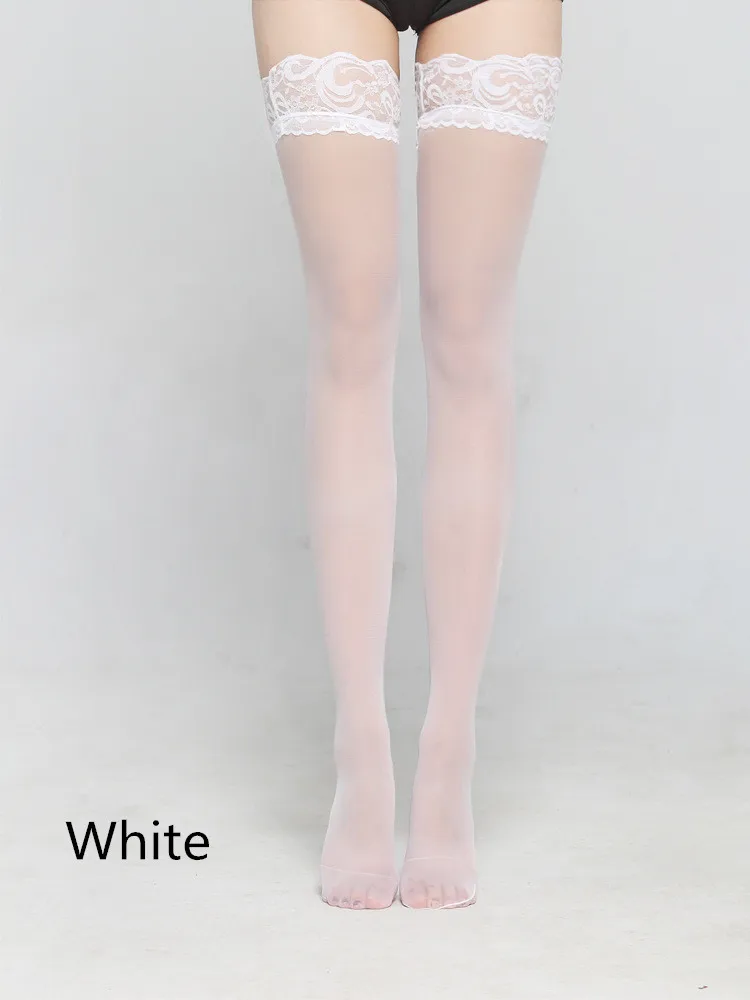 Для женщин кружева Верхние чулки черный, белый цвет ультратонкий чистый шелк Женские облегающие сапоги выше колена с чулочно-носочные пикантное белье из ткани типа органди, который не скользит, нижнее белье