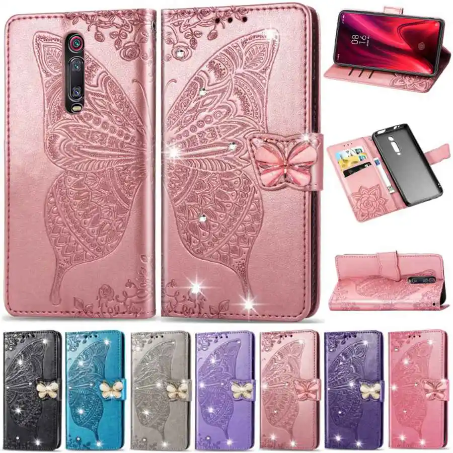 

For Redmi Note 7 K20 Pro Glitter Bling 3D Butterfly Embossing PU Leather Wallet Case For Redmi 7 6 6A 6 Pro Flip Holder Cover