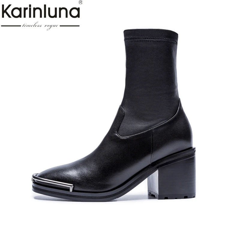 

Karinluna brand new dropship genuine leather comfort square Heels riding Boots Women Shoes elastics leisure Woman Boots