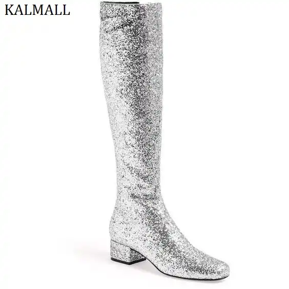 silver sequin thigh high boots