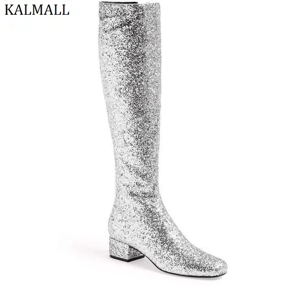 KALMALL Gold Silver Glitter Sequins Knee High Boots Winter Low Heels
