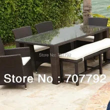 Дизайн плетеный 7 шт Обеденный набор, длинный PE ротанга стеклянный обеденный стол/стулья