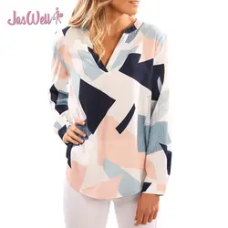 Jaswell Женская Мода с цветочным принтом v-образным вырезом одежда с длинным рукавом геометрический узор Блузки для малышек Повседневное