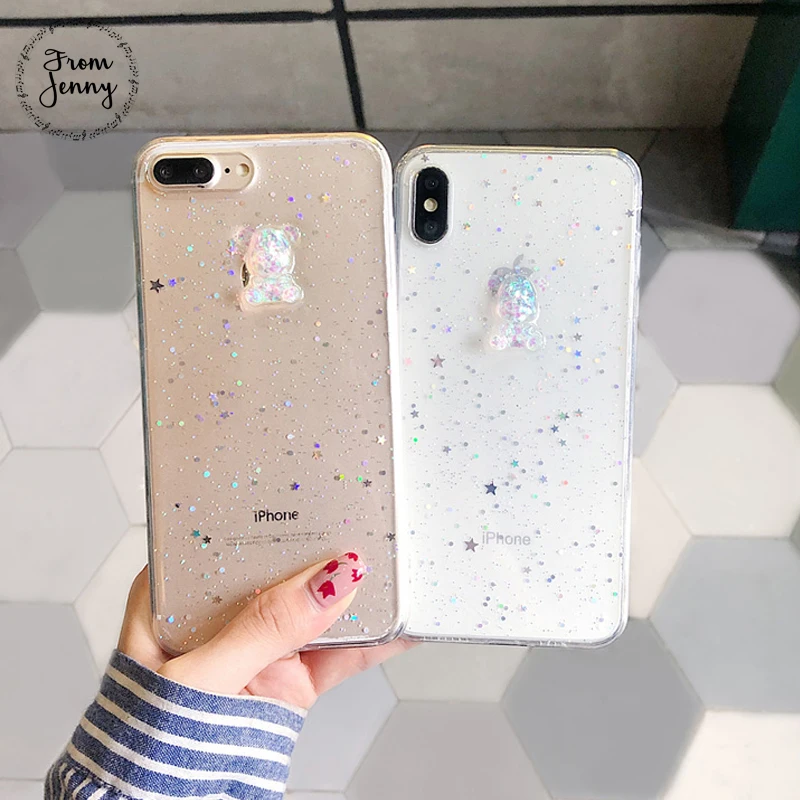 От Jenny Stereo cartoon bear для iPhone x xr xs max 6 6s 7 8 Plus Звездный Блестящий прозрачный мягкий