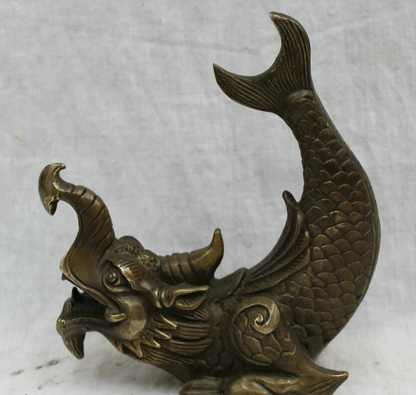 

S3105 8" China Bronze Animals FengShui Wealth Dragon Fish Unicorn Head Statue Set D0317