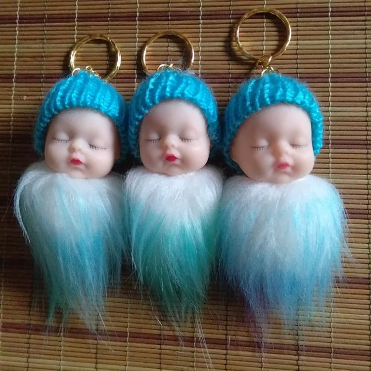 New Sky Blue Sleeping Baby Keychain Cute Cartoon Series Keyring Fake Fur pompons Handmade Crafts Party Gifts 12 pcs/lot | Украшения и