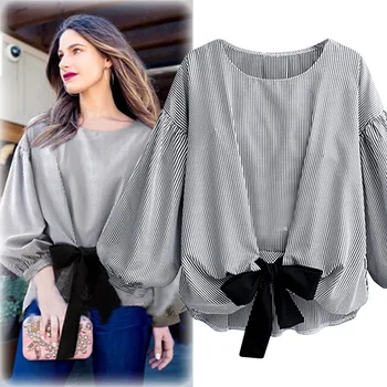 

2018 Autumn Large Yards New Style Stripe Patchwork Bowknot Lace-up Crew Neck Lantern Sleeve Temperament All Matched Blouse