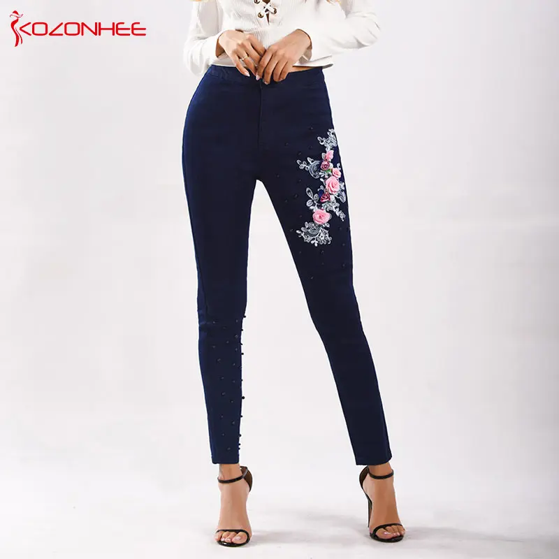 

Cotton Birdie Embroidery Women Jeans High Waist Stretch Female Blue Pencil Denim Jeans Elasticity Casual jeans Plus Size#48