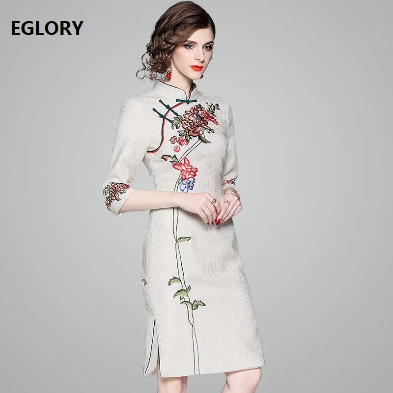 

New Brand Chinese Style Qipao Dress 2019 Spring Autumn Party Vestidos Women Floral Embroidery Bodycon Cotton Dress Elegant Femme