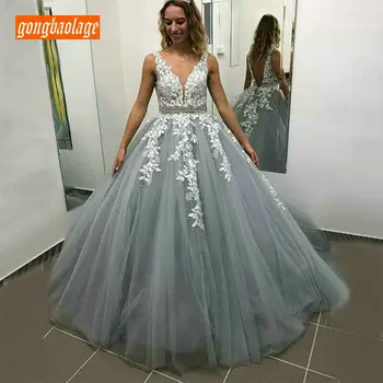 

Elegant Beach Boho Gray Evening Dresses Long 2020 Customized V-Neck Evening Gowns Lace Appliques Tulle A-Line Party Formal Dress