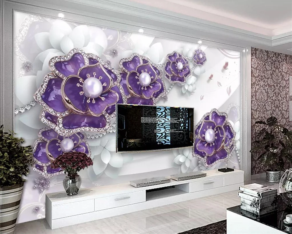 

Beibehang Custom wallpaper exquisite three-dimensional purple flower jewelry TV background wall decoration mural 3d wallpaper