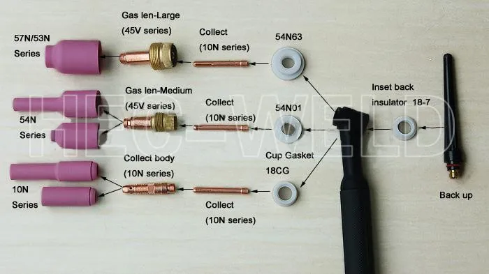 TIG газовый комплект линз, Tig фонарь для сварки глинозема сопло и цанговый Корпус задняя крышка цанговый корпус Fit TIG сварочный фонарь SR WP17 18 26, 67PK