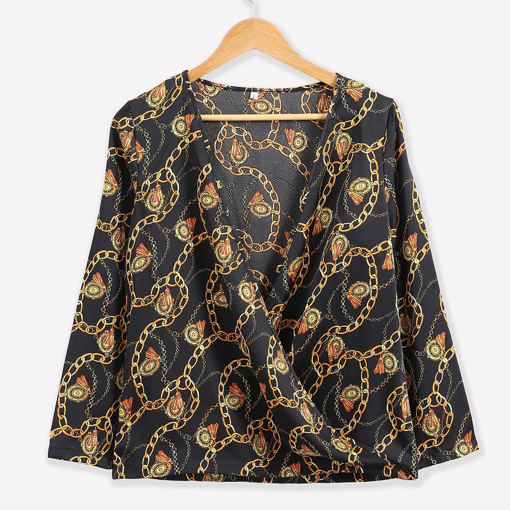 Women Chain Print Criss-Cross V-Collar Shirt Casual Female Vintage Blouses 2019 Summer Ladies Long Sleeve Pullover Shirts Tops