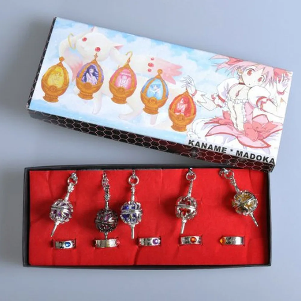 Anime Puella Magi Madoka Magica Soul Gem 5x Rings 5x Crystal Ball Necklace Cosplay Prop Gift
