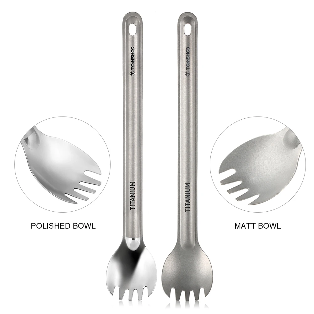 TOMSHOO de tenedor de titanio cuchara larga manejar al aire libre portátil mate terminar la cena Spork cubiertos de Camping al aire libre Spork