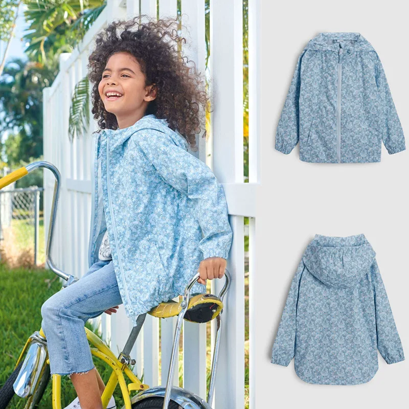 

Brand 2018 new autumn dress girls soft and elegant light blue floral windbreaker jacket