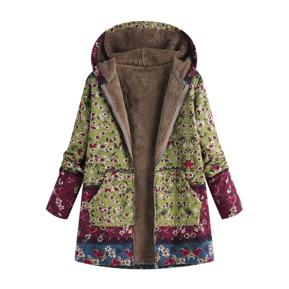 Флисовая Куртка с капюшоном, женская зимняя теплая верхняя одежда, пальто с цветочным принтом, Женское пальто с карманами в винтажном стиле, большие размеры, плотные пальто, chaqueta mujer