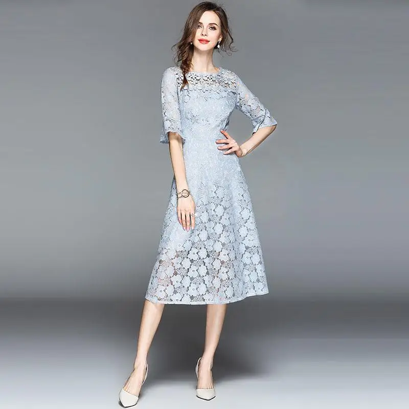 Borisovich женское кружевное Повседневное платье, новинка, летняя мода, кружевное платье с расклешенными рукавами, элегантное тонкое женское платье для вечеринок M506 - Цвет: Gray