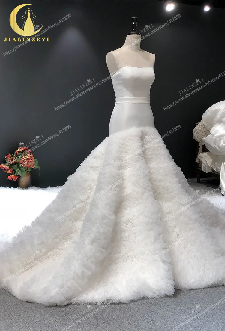 JIALINZEYI реальное изображение Sweatheart атласное Многоуровневое свадебное платье русалки с длинным шлейфом